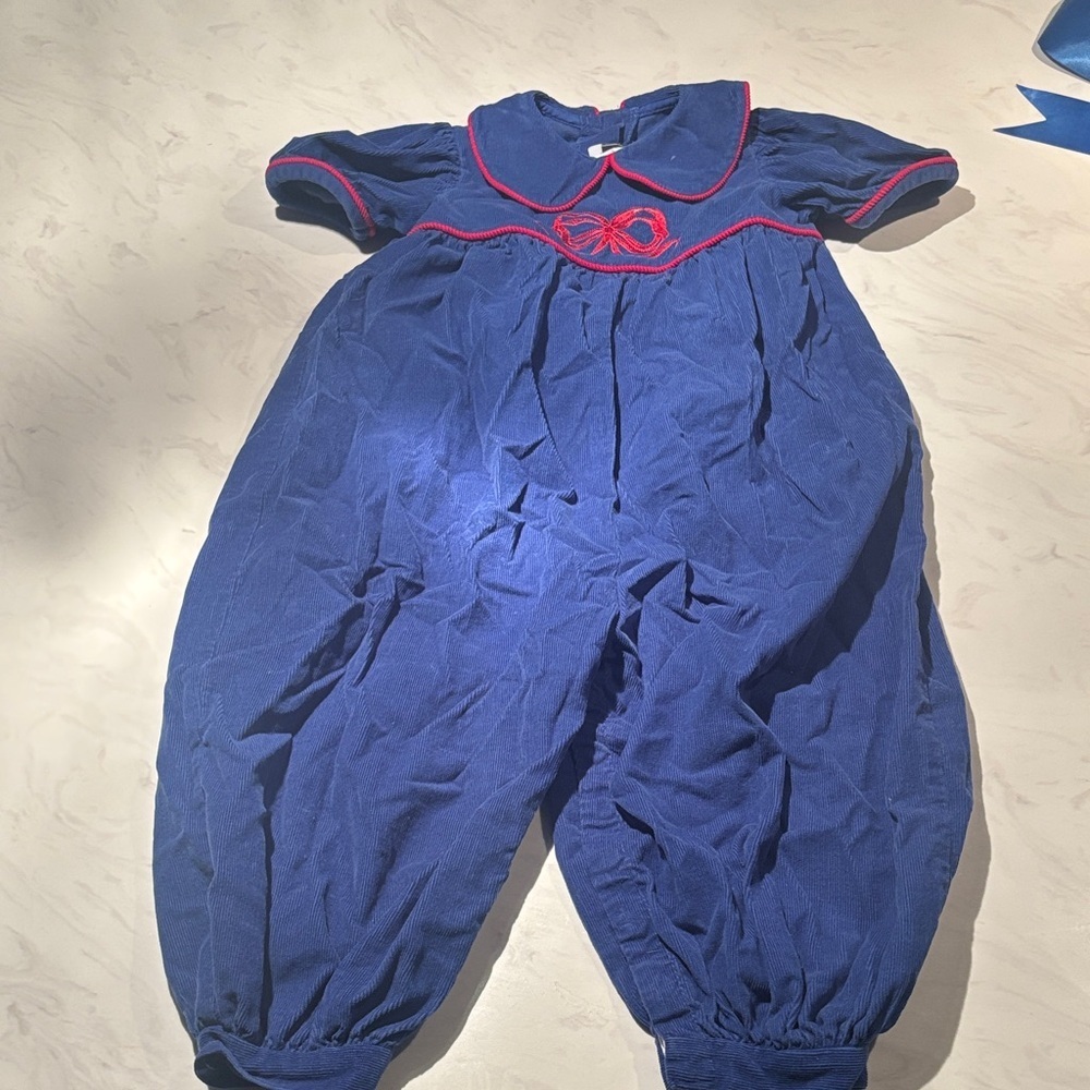 Judy Lynn Blue Corduroy Jumper with Bow Appliqué